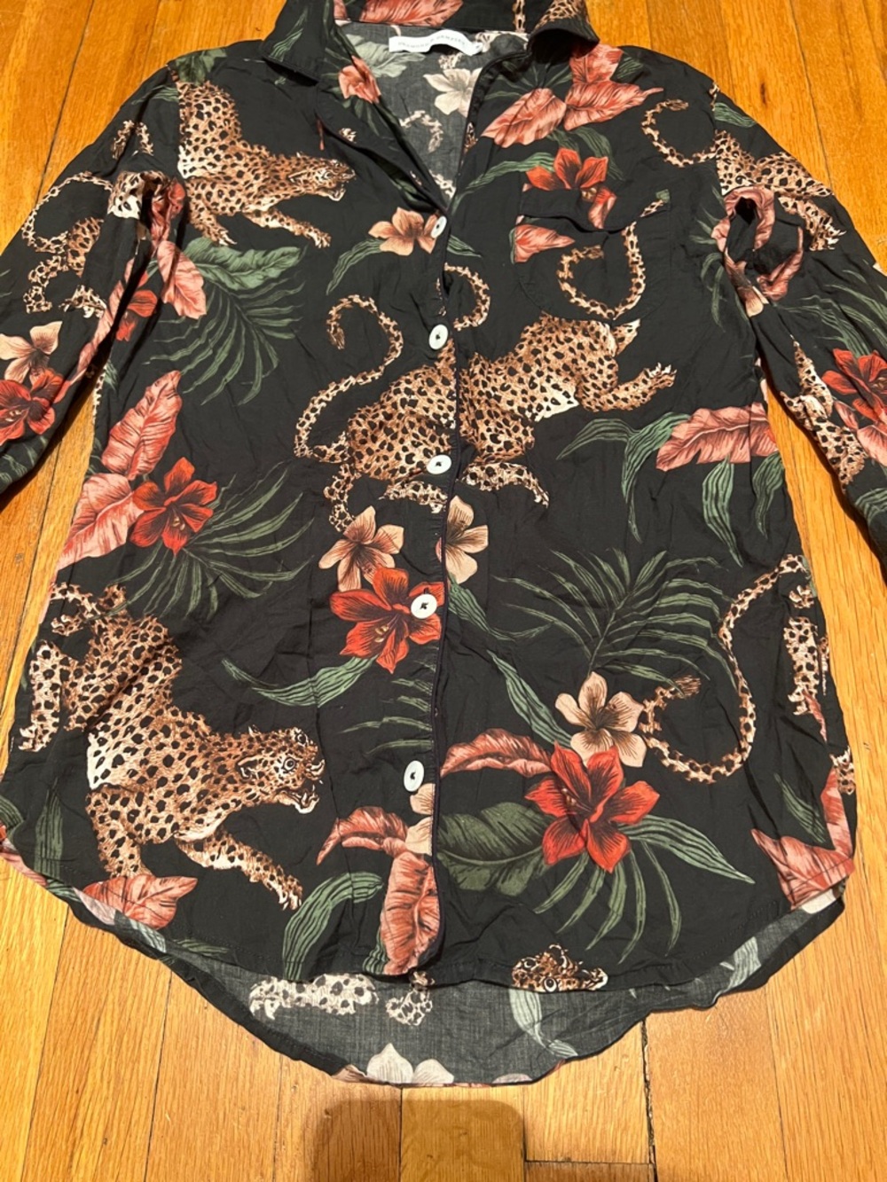 Leopard & Floral Satin Pajama Top - Black with Rust Floral - Picture 5 of 15